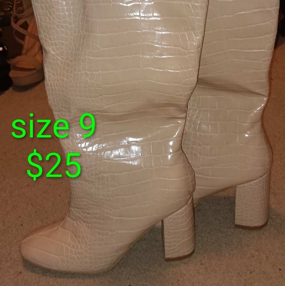 Cream Croc-Embossed Boots